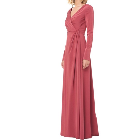 KAY UNGER Adelina Draped Wrap High Cut Slit Long Sleeve Gown Dress, Rose, Size 6 - Picture 5 of 5
